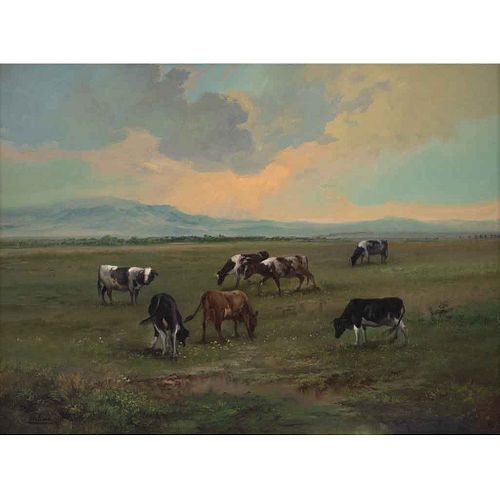 FRANCISCO URBINA, Siete vacas, Firmado al frente y al reverso, Óleo sobre tela, 60 x 80 cm