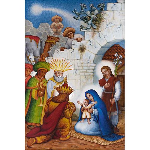 DESIDERIO HERNÁNDEZ XOCHITIOTZIN, La Adoración de los Reyes Magos, Firmado y fechado Tlaxcala 1977, Acrílico sobre tela, 120 x 92 cm