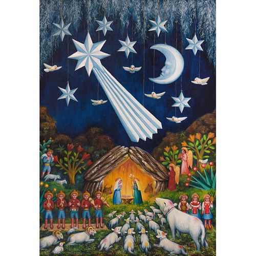 DESIDERIO HERNÁNDEZ XOCHITIOTZIN, Nacimiento popular, Firmado y fechado Tlaxcala 76, Óleo sobre tela, 120 x 92 cm