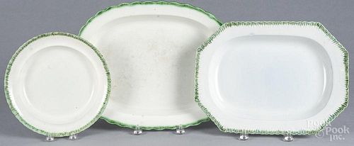 Two Leeds green feather edge platters, 19th c., 14 1/2'' w. and 16 1/2'' w., together with a plate