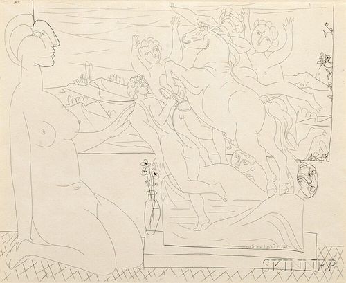 Pablo Picasso (Spanish, 1881-1973)      Modèle contemplant un groupe sculpté
