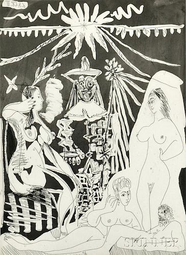Pablo Picasso (Spanish, 1881-1973)      Homme allongé, avec deux femmes, évoquant les rapports d'un vieux clown et d'une jeune fille
