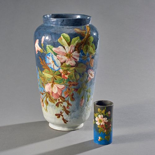 Group Of 2 Barbotine Vases With Floral Enamels