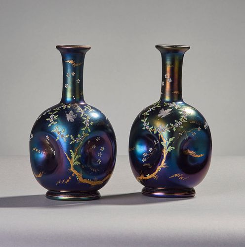 Pair Austrian  Art Glass Enameled Vases