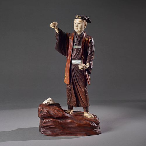 Magnificent Meiji Period Japanese Okimono Wood & Ivory Figure