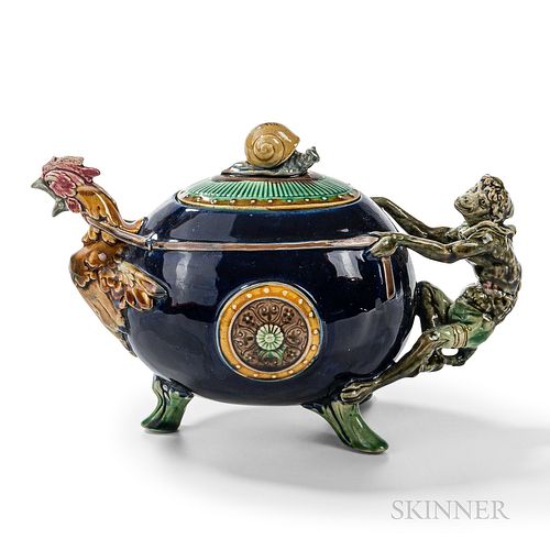 Minton Majolica Rooster and Monkey Teapot and Cover