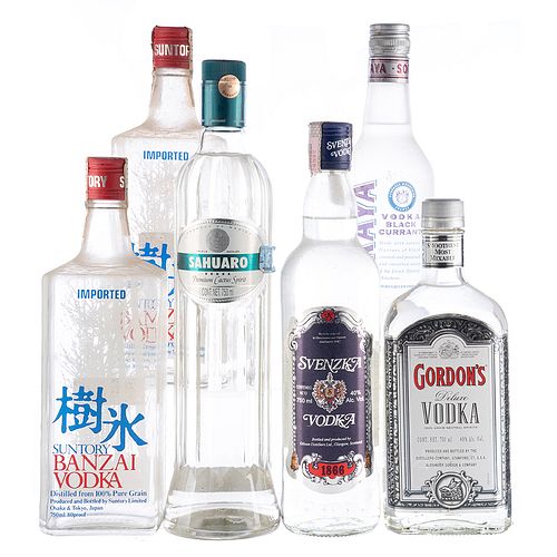 Lote de Vodka de U.S.A, Escocia, Japon, México y Francia. Gordon's. En presentaciones de 700 ml. y 750 ml. Total de piezas: 6.