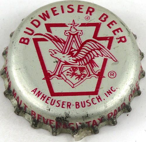 1955 Budweiser Beer, PA Pint Tax Cork Backed Crown Saint Louis Missouri
