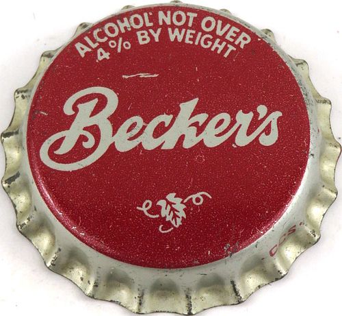 1954 Becker's Beer Cork Backed Crown Ogden Utah