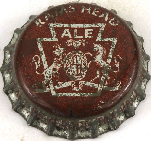 1954 Rams Head Ale, PA Pint Tax Cork Backed Crown Norristown Pennsylvania