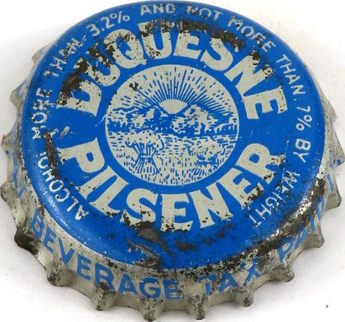 1955 Duquesne Pilsener Beer, OH Tax Cork Backed Crown Pittsburgh Pennsylvania