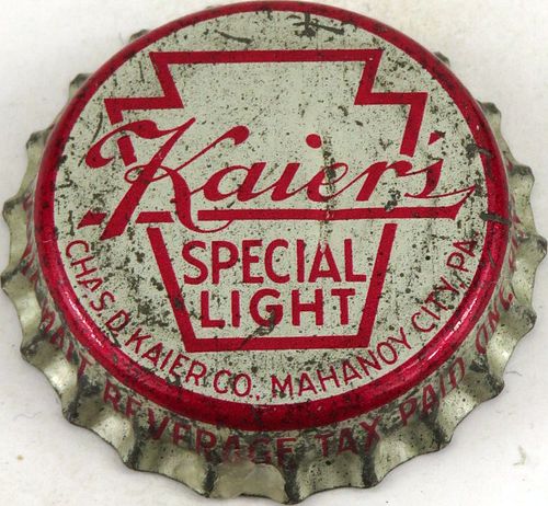 1953 Kaier's Special Light Beer, PA Tax (semi - metallic) Cork Backed Crown Mahanoy City Pennsylvania
