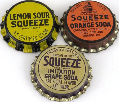 Lot of Three Squeeze Soda Cork-Backed Bottle Caps 