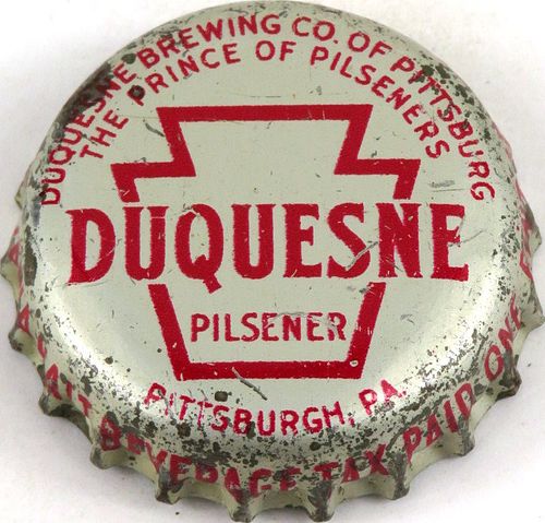 1953 Duquesne Pilsener Beer, PA Tax Cork Backed Crown Pittsburgh Pennsylvania