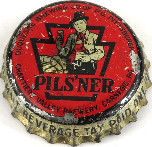 1940 Pils'ner Beer, PA Pint Tax Cork Backed Crown Pittsburgh Pennsylvania