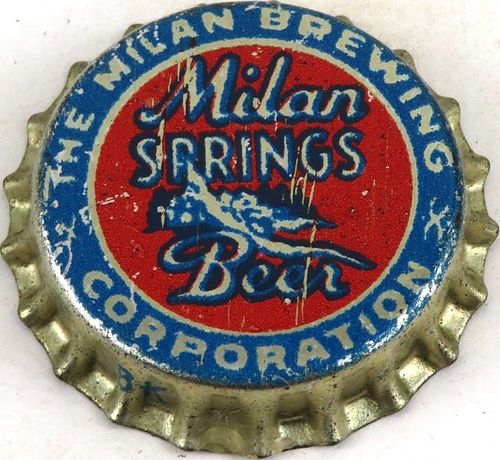 1934 MIlan Springs Beer Cork Backed Crown Milan Ohio