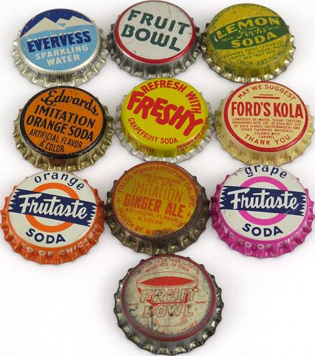 Lot of Ten "F" Soda Cork-Backed bottle caps 