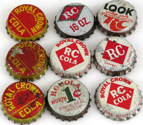 Lot of Nine RC Royal Crown Cola Cork-Backed bottle caps 