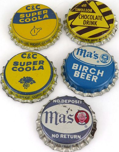 Lot of Five Ma's Cantrell and Cochrane & Bottoms Up Soda Cork Crowns 