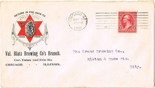 1901 Val. Blatz Berwery Branch Envelope Chicago, Illinois