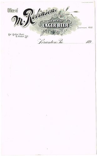 1890 Mina Robinson Brewing Co. Letterhead Scranton, Pennsylvania