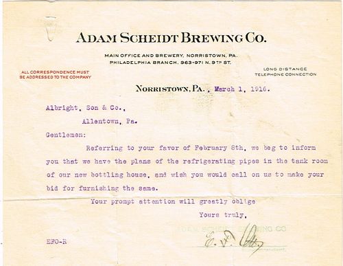 1916 Adam Scheidt Brewing Co. Plant 1 Letterhead Norristown, Pennsylvania