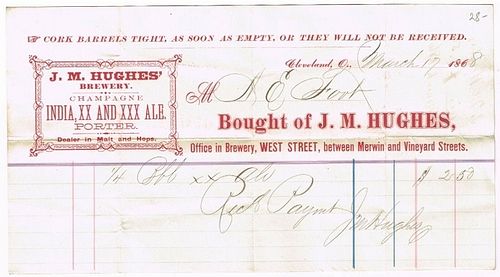 1868 John M. Hughes Brewery Billhead Cleveland, Ohio
