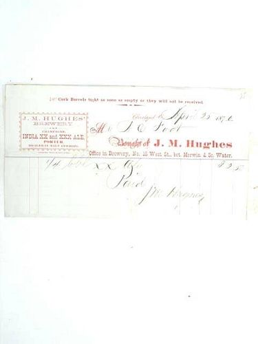 1870 John M. Hughes Brewery Billhead Cleveland, Ohio