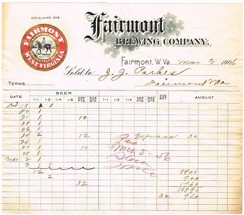 1906 Fairmont Brewing Co. Billhead Fairmont, West Virginia