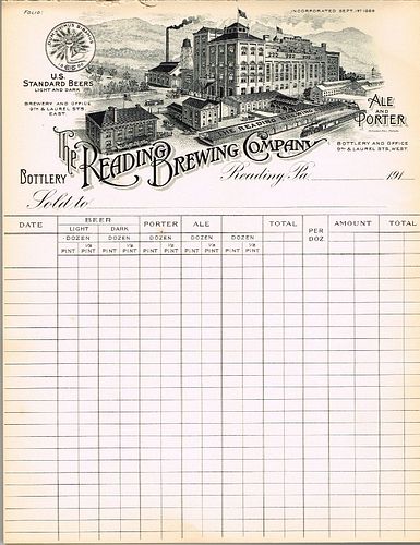 1910 Reading Brewing Company Billhead Reading, Pennsylvania