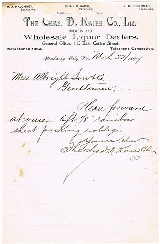 1897 Chas. D. Kaier Company Billhead Mahanoy City, Pennsylvania