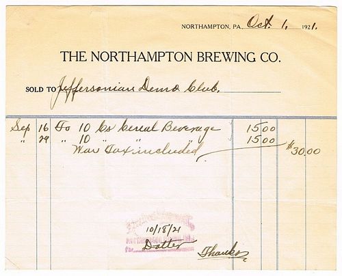 1921 Northampton Brewery Corporation Billhead Northampton, Pennsylvania