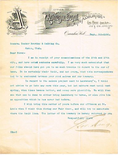 1896 George Krug (Bottler For Anheuser Busch) Letterhead Omaha, Nebraska