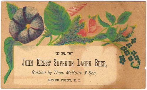 1881 Thomas McGuire & Son (agents for John Kress) John Kress&#39; Superior Lager Beer River Point, Rhode Island