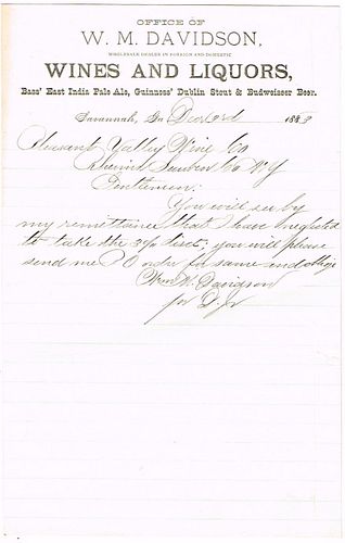 1883 Wm. Davidson (Agent for Anheuser-Busch Guinness and Bass) Letterhead Savannah, Georgia