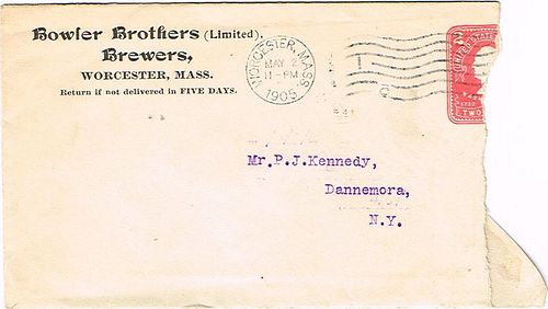 1905 Bowler Bros. Brewers Ltd. Postal Cover Worcester, Massachusetts