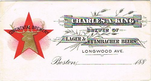 1883 Charles A. King Continental Brewery Letterhead top Boston, Massachusetts