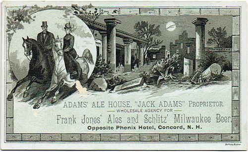 1880 Jack Adams' Ale House (agents for Frank Jones and Jos. Schlitz) Frank Jones Ale/Schlitz Milwaukee Beer Conway, New Hampshire
