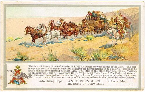 1912 Anheuser Busch Brewing Ass'n Berninghaus Postcard #3 "A Fight For The Overland Mail"