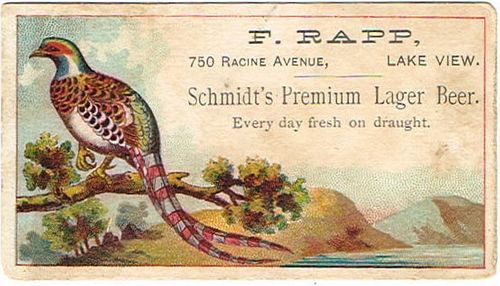 1875 F. Rapp (agent for K. G. Schmidt of Chicago) Trade Card Schmidt's Premium Lager Beer Chicago, Illinois