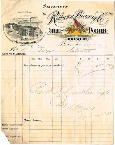 1899 Robinson Brewing Co. Rockland Brewery Statement Boston, Massachusetts