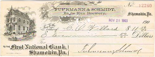 1903 Fuhrmann & Schmidt Brewing Co. F&S Eagle Run Brewery Shamokin, Pennsylvania
