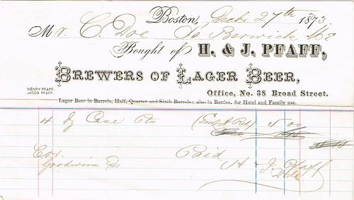1873 H. & J. Pfaff Billhead Boston, Massachusetts