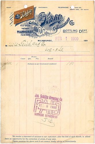 1900 Jos. Schlitz Brewing Company (Pre-Prohibtion) Bottling Department Billhead Milwaukee, Wisconsin