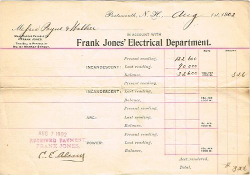 1902 Eldredge Brewing Co. Inc. DBA Frank Jones Brewing Co. Inc. Frank Jones&#39; Electrical Dept. receipt Portsmouth, New Hampshire