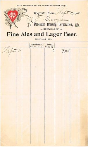 1900 Worcester Brewing Co. Inc. Billhead Worcester, Massachusetts