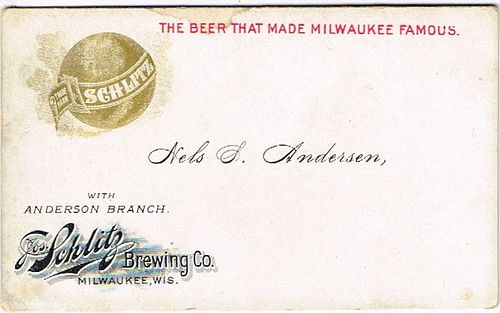 1904 Nels S. Andersen Anderson Branch Joseph Schlitz Brewing Co. Nels S. Anderson Calling Card Salt Lake City, Utah