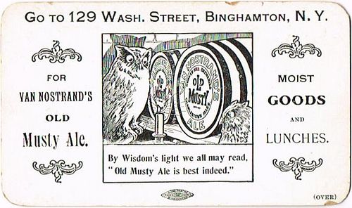 1904 Eugene Crawford's Owl Cafe Trade Card Van Nostrand's Old Musty Ale Binghamton, New York