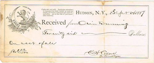 1887 C. H. Evans Company Check Hudson, New York