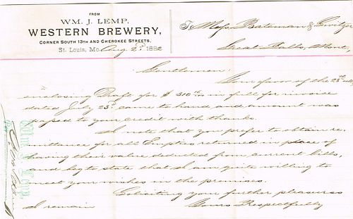 1892 Wm. J. Lemp Brewing Co. (1892-1911) Letterhead Saint Louis, Missouri